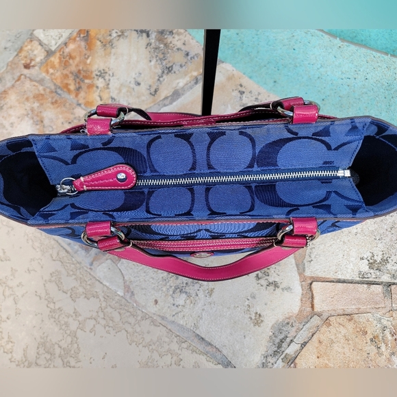 Coach Navy And Fuchia Laura Signature Monogram Jacquard Tote - Picture 14 of 16